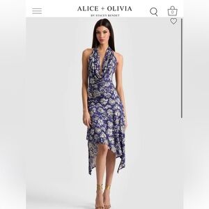 Alice and Olivia Blue Floral Asymmetric Hem Cowl Neck Dress size 2